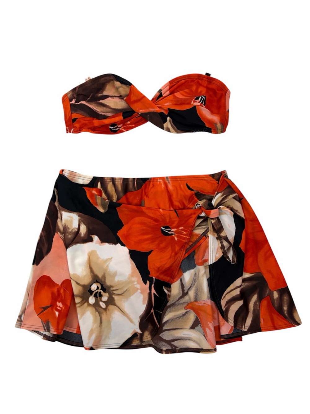 Speedo Orange Tropical Floral Bandeau Bikini Top + Swim Skirt Set Size 6